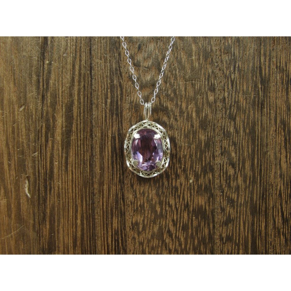 18" Sterling Silver Good Size Purple Amethyst Pendant Necklace Vintage - Picture 1 of 7